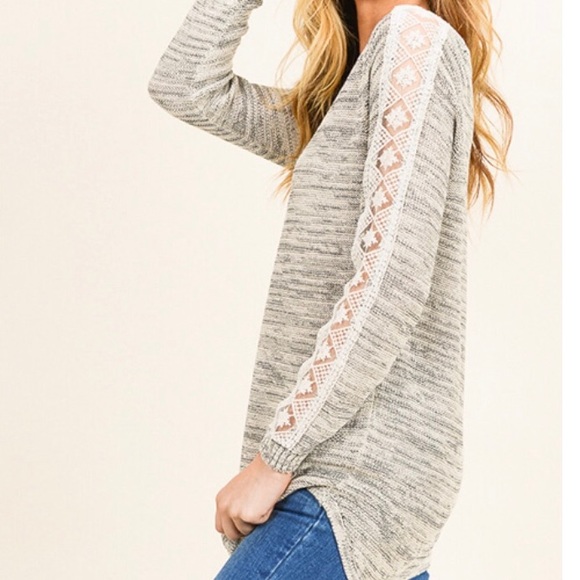 Gray & Taupe Boho Lace Floral Arm Sweater - Picture 3 of 8